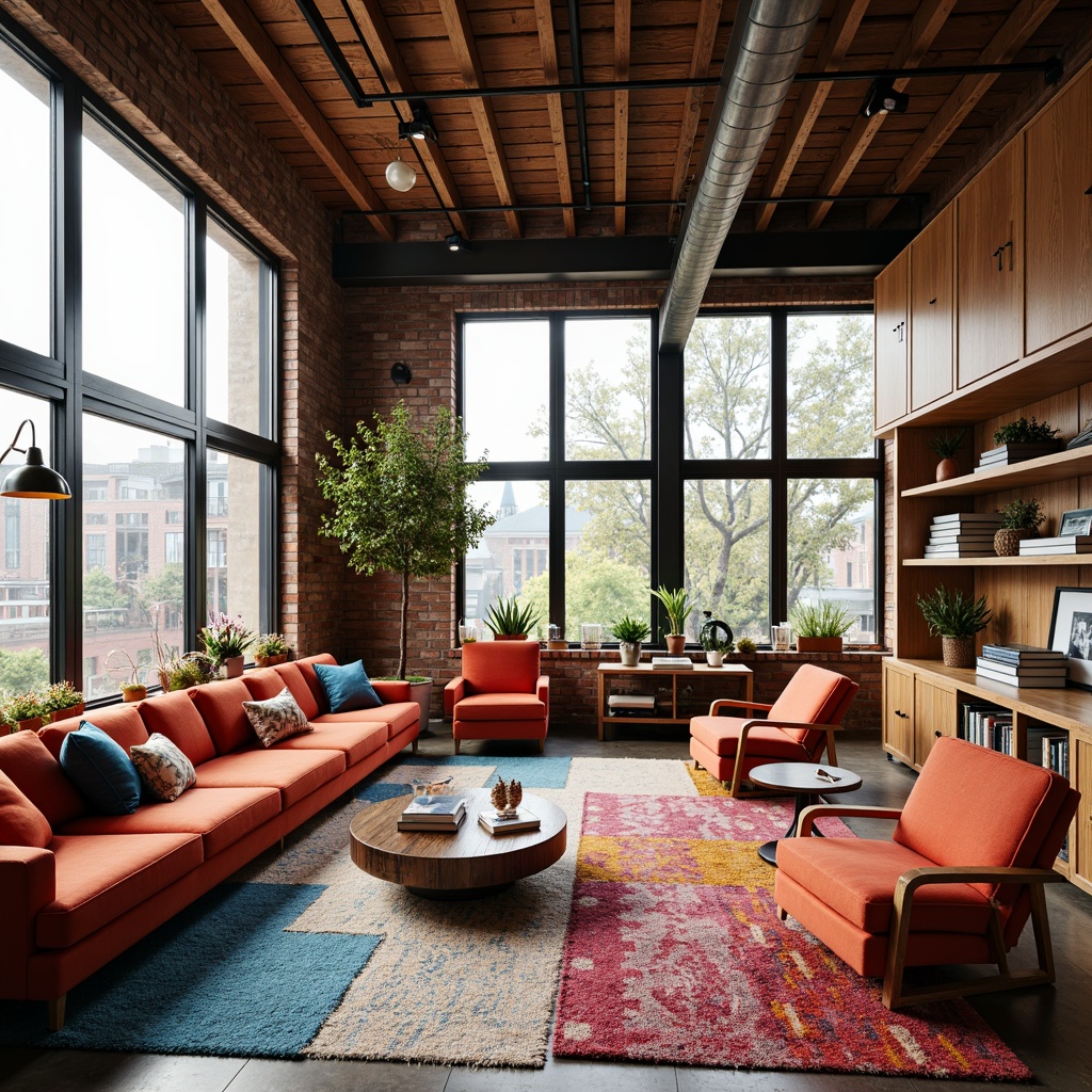 Prompt: Vibrant eclectic interior, mix-matched furniture, bold color blocking, textured rugs, reclaimed wood accents, industrial metal beams, exposed brick walls, oversized windows, natural light pouring, open-plan living area, cozy reading nooks, minimalist shelving units, decorative pendant lamps, eclectic art pieces, plush throw pillows, soft warm lighting, 1/1 composition, shallow depth of field, realistic textures, ambient occlusion.