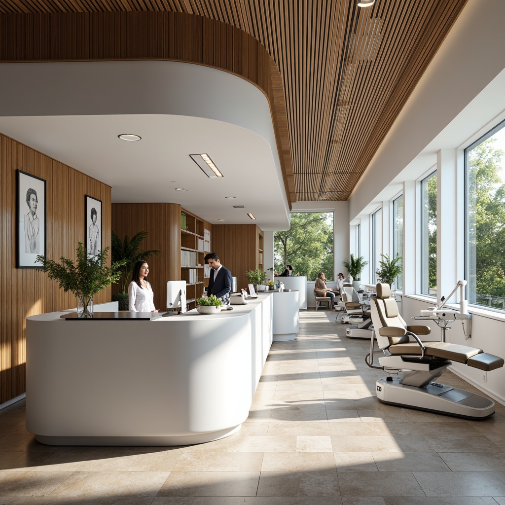 Prompt: Modern dental clinic, sleek reception desk, minimalist decor, calming color scheme, ergonomic seating, natural stone flooring, floor-to-ceiling windows, abundant daylight, LED lighting, stainless steel equipment, advanced X-ray machines, comfortable treatment rooms, adjustable dental chairs, soft background music, relaxing ambiance, 1/2 composition, shallow depth of field, realistic textures, ambient occlusion.