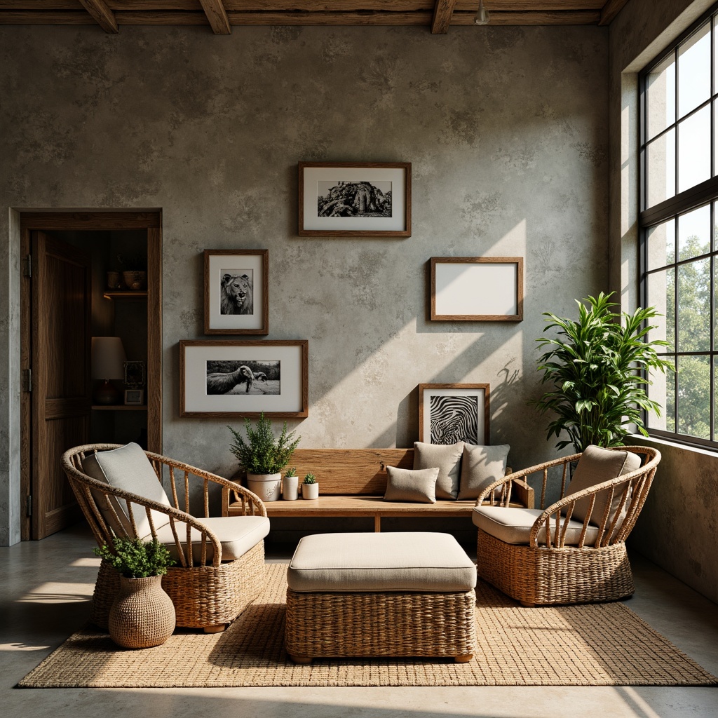 Prompt: Minimalist zoo-themed interior, natural textures, woven wicker furniture, reclaimed wood accents, earthy tone color palette, organic patterns, subtle animal prints, industrial metal frames, distressed concrete walls, lush greenery, potted plants, soft warm lighting, shallow depth of field, 3/4 composition, realistic textures, ambient occlusion.