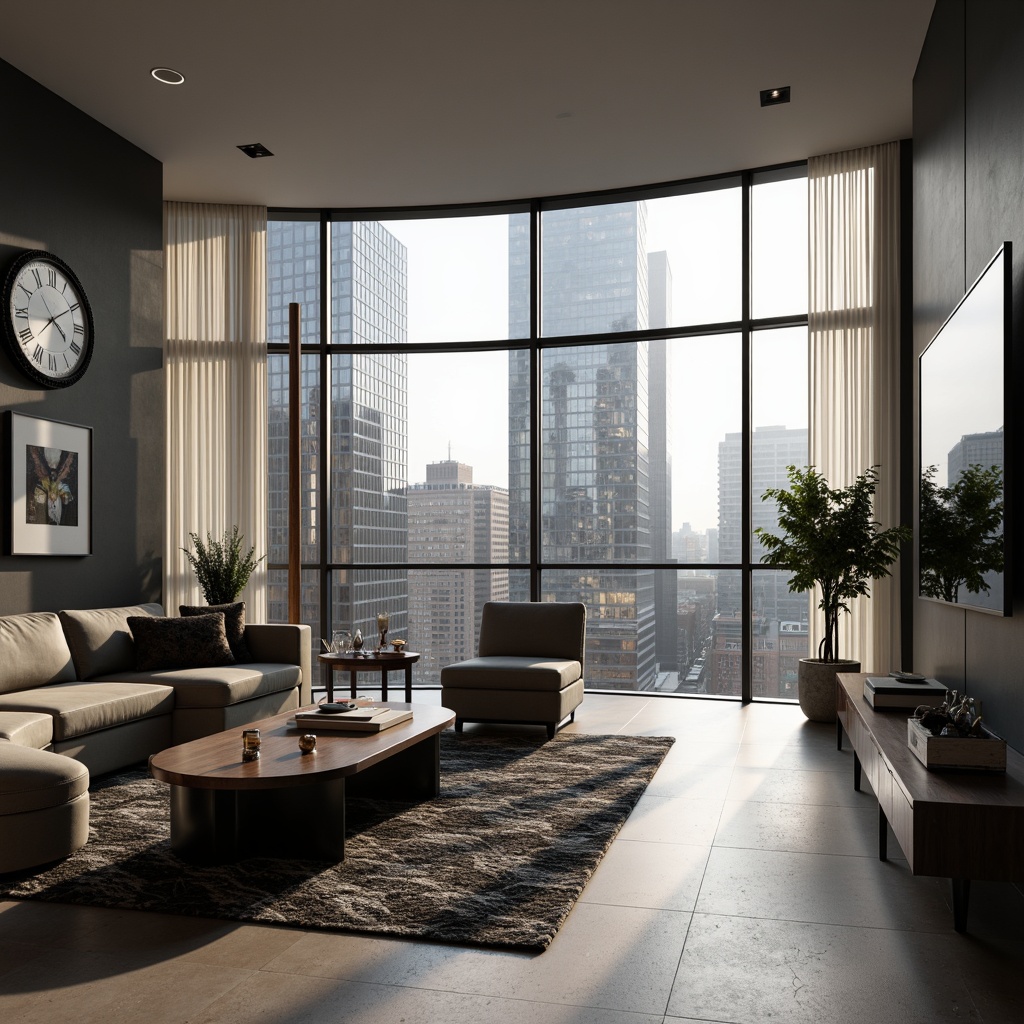 Prompt: Sleek modern living room, streamline decor, low-profile furniture, curved lines, minimalist aesthetic, monochromatic color scheme, polished chrome accents, velvet upholstery, geometric patterns, Scandinavian-inspired design, floor-to-ceiling windows, urban cityscape views, warm ambient lighting, 1/1 composition, soft focus, realistic textures, subtle reflections.