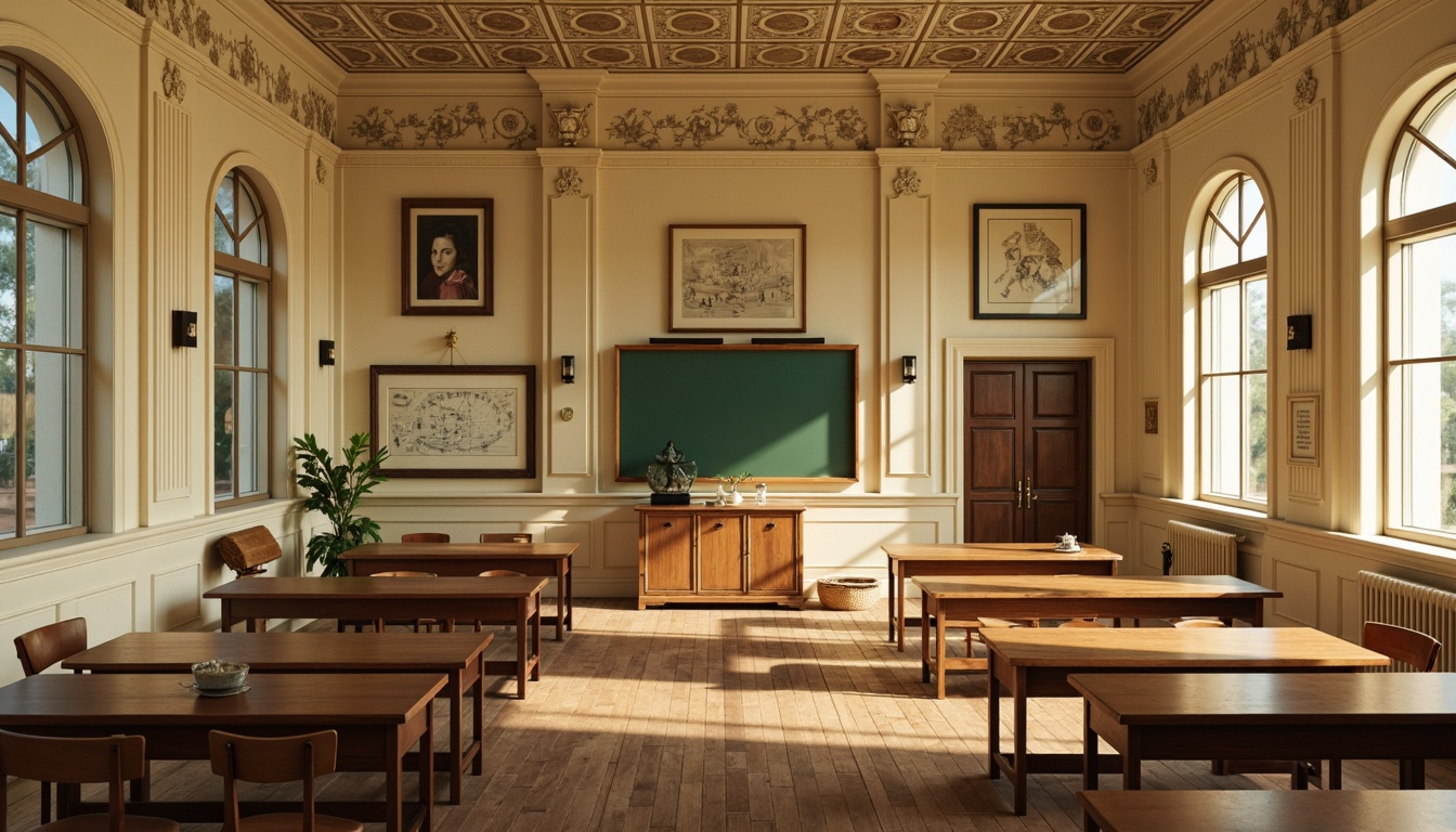 Prompt: Warm beige walls, rich wood accents, elegant arches, ornate columns, subtle cream tones, soft sage greens, muted blues, warm golden lighting, classic blackboards, polished wooden floors, vintage educational charts, refined metallic fixtures, intricate stucco details, symmetrical composition, shallow depth of field, 1/2 camera angle, realistic textures, ambient occlusion.