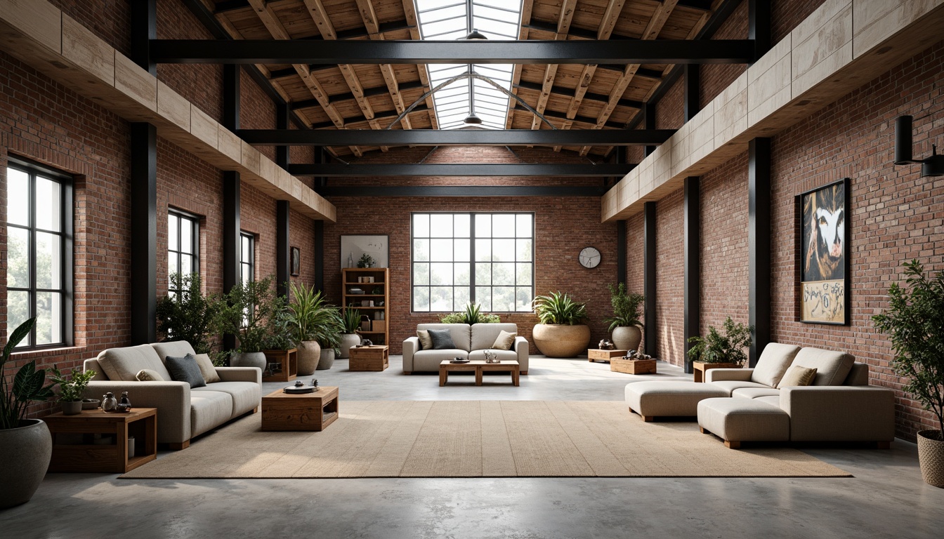 Prompt: Industrial warehouse interior, Scandinavian minimalist aesthetic, exposed brick walls, polished concrete floors, reclaimed wood accents, metal beams, natural light pouring through skylights, airy open space, modern functional layout, sleek black metal shelving, industrial-style lighting fixtures, comfortable lounge areas, plush sectional sofas, woven textiles, earthy color palette, wooden crates, potted greenery, rustic decorative elements, warm cozy ambiance, soft diffused lighting, shallow depth of field, 2/3 composition, realistic textures, ambient occlusion.