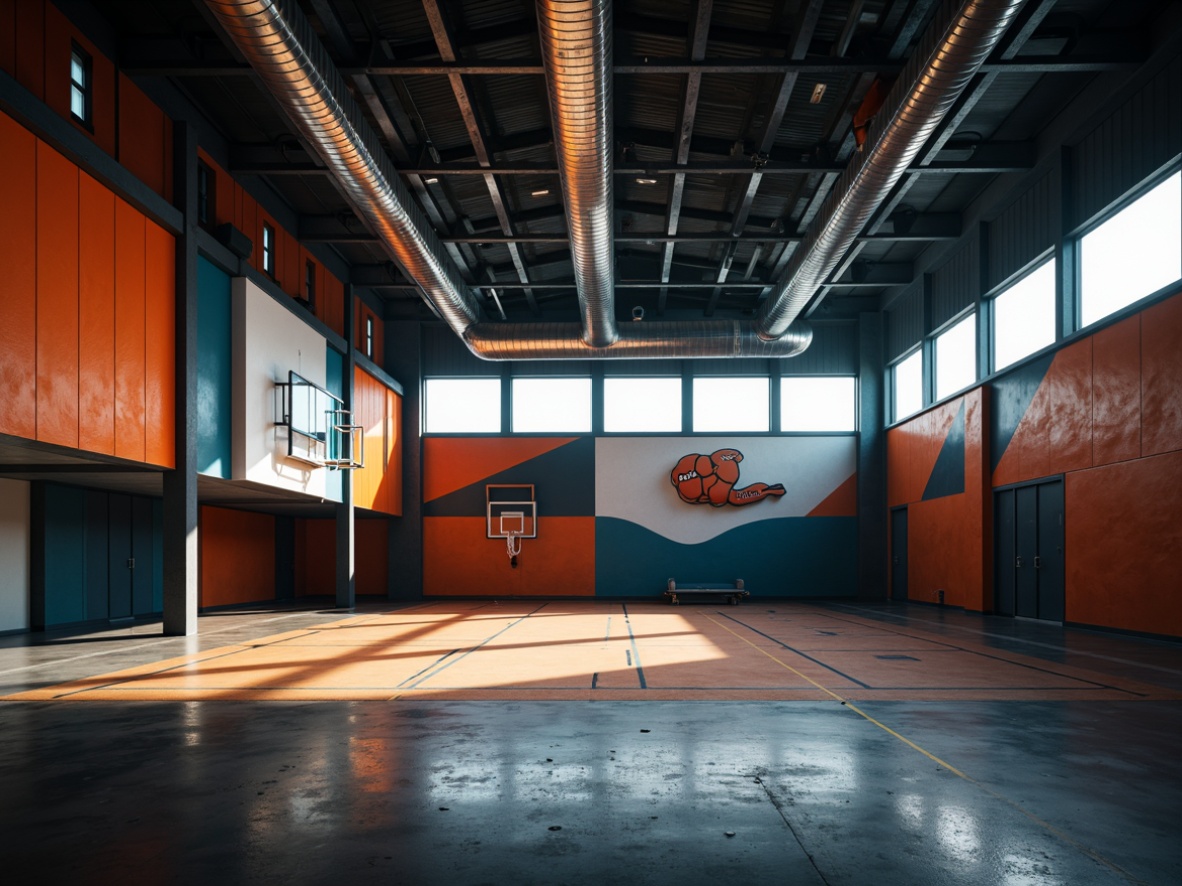 Prompt: Moody gymnasium interior, postmodernist architecture, exposed ductwork, industrial-style lighting, steel beams, concrete floors, bold color schemes, geometric shapes, abstract patterns, dynamic shadows, high-contrast lighting, dramatic spotlights, soft ambient glow, warm tone color temperature, shallow depth of field, 1/2 composition, cinematic view, realistic textures, subtle grain effect.