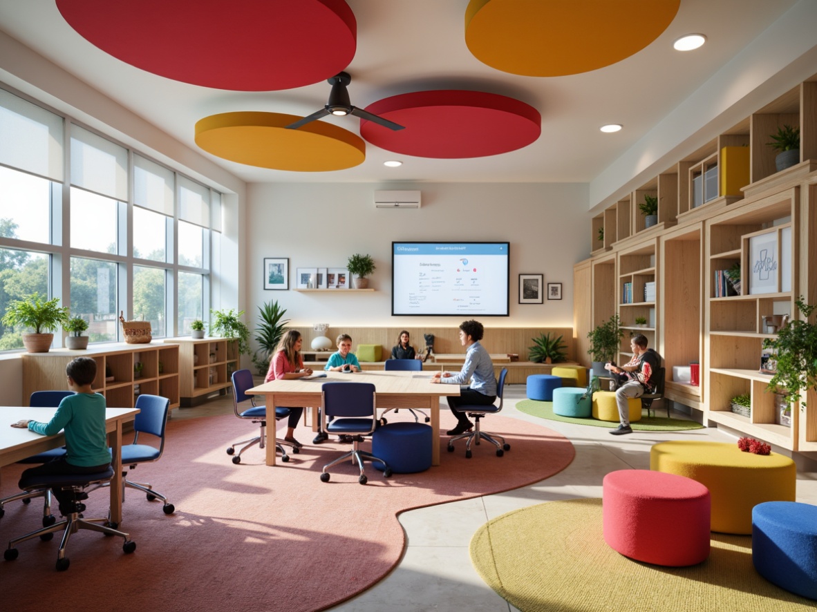 Prompt: Vibrant school colors, ergonomic chairs, adjustable desks, interactive whiteboards, collaborative workspaces, colorful rugs, natural wood accents, minimalist shelving units, durable plastic tables, comfortable cushions, rounded corners, soft LED lighting, warm neutral tones, 1/1 composition, shallow depth of field, realistic textures, ambient occlusion.