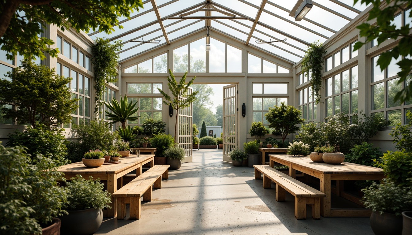 Prompt: Simple greenhouse interior, minimalistic decor, reclaimed wood benches, industrial metal tables, potted plants, lush greenery, natural light, sliding glass doors, modern architecture, rustic accents, earthy tones, organic shapes, recycled materials, eco-friendly design, airy atmosphere, soft warm lighting, shallow depth of field, 3/4 composition, panoramic view, realistic textures, ambient occlusion.