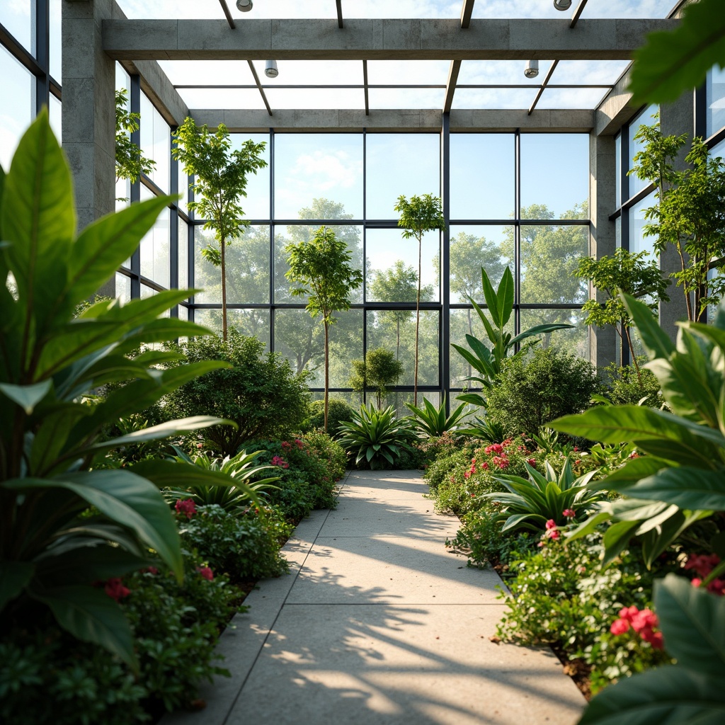 Prompt: Vibrant greenery, minimalist greenhouse structure, sleek metal frames, transparent glass walls, natural stone flooring, lush tropical plants, pop of bright coral accents, soft mint green undertones, warm wooden textures, modern LED grow lights, misting system, shallow depth of field, 3/4 composition, panoramic view, realistic foliage textures, ambient occlusion, morning sunlight, subtle shadows.