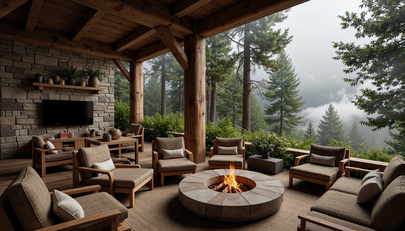 Prompt: Rustic mountain lodge, natural stone walls, wooden accents, earthy color palette, rugged terrain, dense forest surroundings, misty atmosphere, warm soft lighting, shallow depth of field, 3/4 composition, panoramic view, realistic textures, ambient occlusion, distressed wood furniture, vintage decorative elements, cozy fire pit, plush furnishings, intricate woven patterns, natural fabric upholstery.