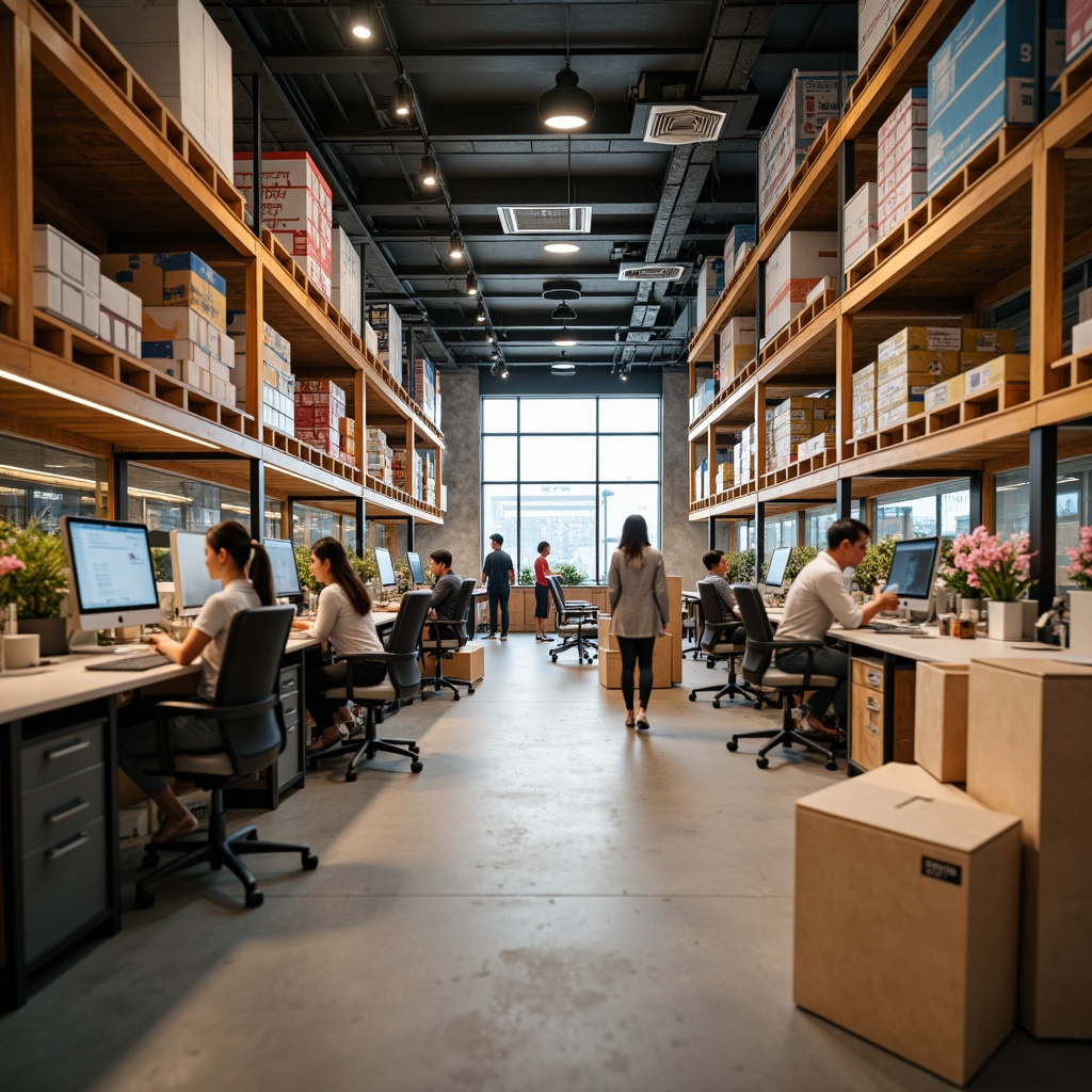 Prompt: Modern Asian-style distribution center, sleek wooden crates, vibrant colorful packaging, innovative workstations, ergonomic chairs, minimalist desks, natural wood accents, warm ambient lighting, shallow depth of field, 1/1 composition, realistic textures, ambient occlusion, bustling warehouse atmosphere, busy workers in motion, dynamic camera movements, soft focus blur.