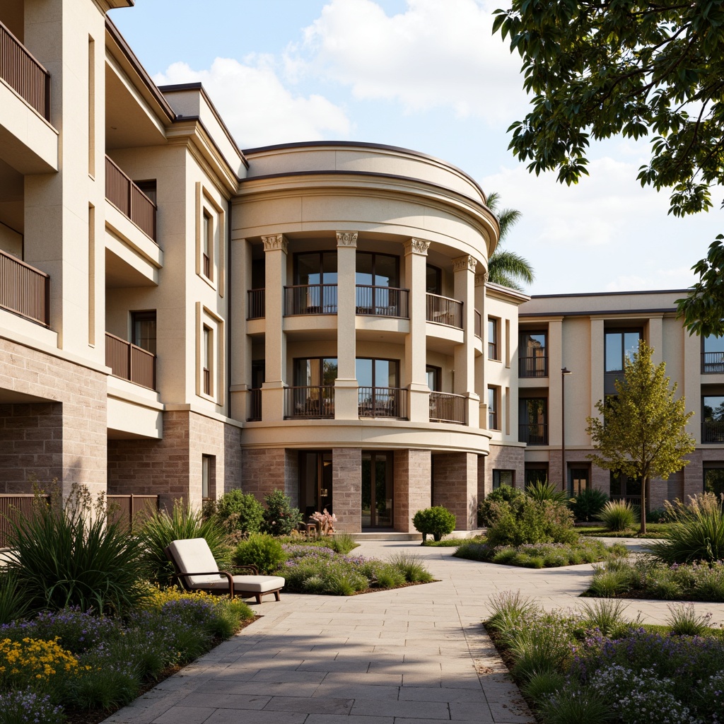 Prompt: Elegant middle school building, neoclassical architecture style, earthy tone color palette, beige stone walls, creamy white columns, rich brown wood accents, subtle gold ornate details, soft warm lighting, shallow depth of field, 1/1 composition, realistic textures, ambient occlusion, serene courtyard, lush greenery, vibrant flowers, educational signs, natural stone walkways, brick buildings, historic feel, traditional aesthetic.