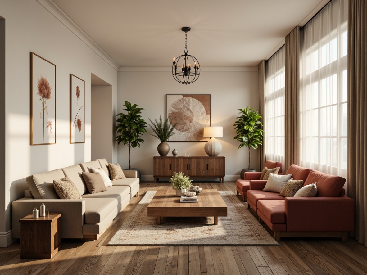 Prompt: Cozy living room, plush sofas, velvet armchairs, wooden coffee tables, potted plants, soft cushions, warm floor lamps, rustic wooden flooring, creamy white walls, modern minimalist decor, elegant chandeliers, circular patterns, symmetrical compositions, shallow depth of field, 1/2 composition, realistic textures, ambient occlusion.