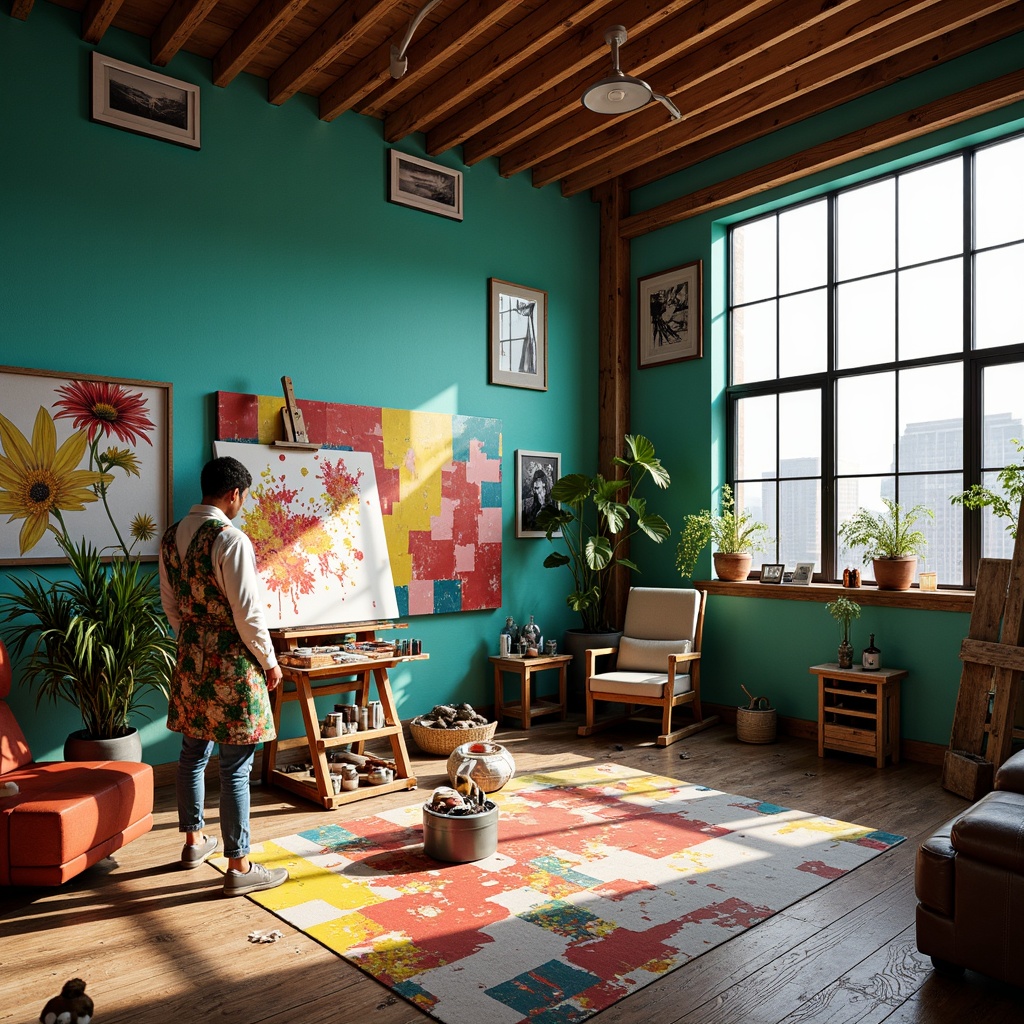 Prompt: Vibrant art studio, eclectic color swatches, bold brushstrokes, artistic easel, paint-splattered apron, creative messy space, natural wood floors, large windows, soft warm lighting, shallow depth of field, 3/4 composition, panoramic view, realistic textures, ambient occlusion, rich turquoise walls, deep crimson accents, bright yellow highlights, muted green undertones, metallic silver fixtures, sleek modern furniture, inspirational art pieces, artistic freedom.