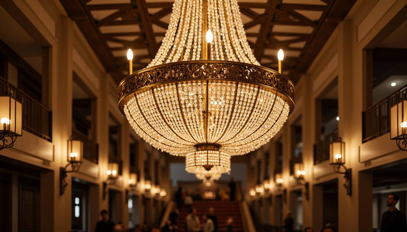 Prompt: Elegant chandelier, warm golden lighting, ornate metalwork, crystal droplets, lavish ceiling fixture, opulent dining hall, luxurious ambiance, soft warm glow, subtle shading, 1/1 composition, shallow depth of field, realistic textures, ambient occlusion, grand staircase, intricate architectural details, upscale residential interior, refined decor, sophisticated style.