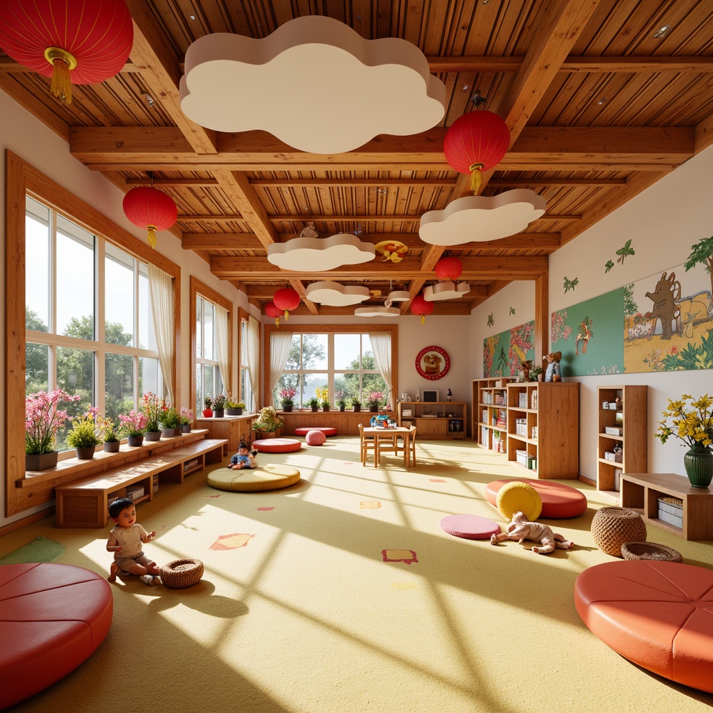 Prompt: Vibrant kindergarten interior, Asian-inspired decor, cherry blossom accents, bold red lanterns, intricate wooden carvings, natural bamboo furniture, colorful woven baskets, playful animal motifs, soft cushioned floors, educational wall murals, interactive learning stations, whimsical cloud-shaped ceilings, warm yellow lighting, shallow depth of field, 1/2 composition, realistic textures, ambient occlusion.