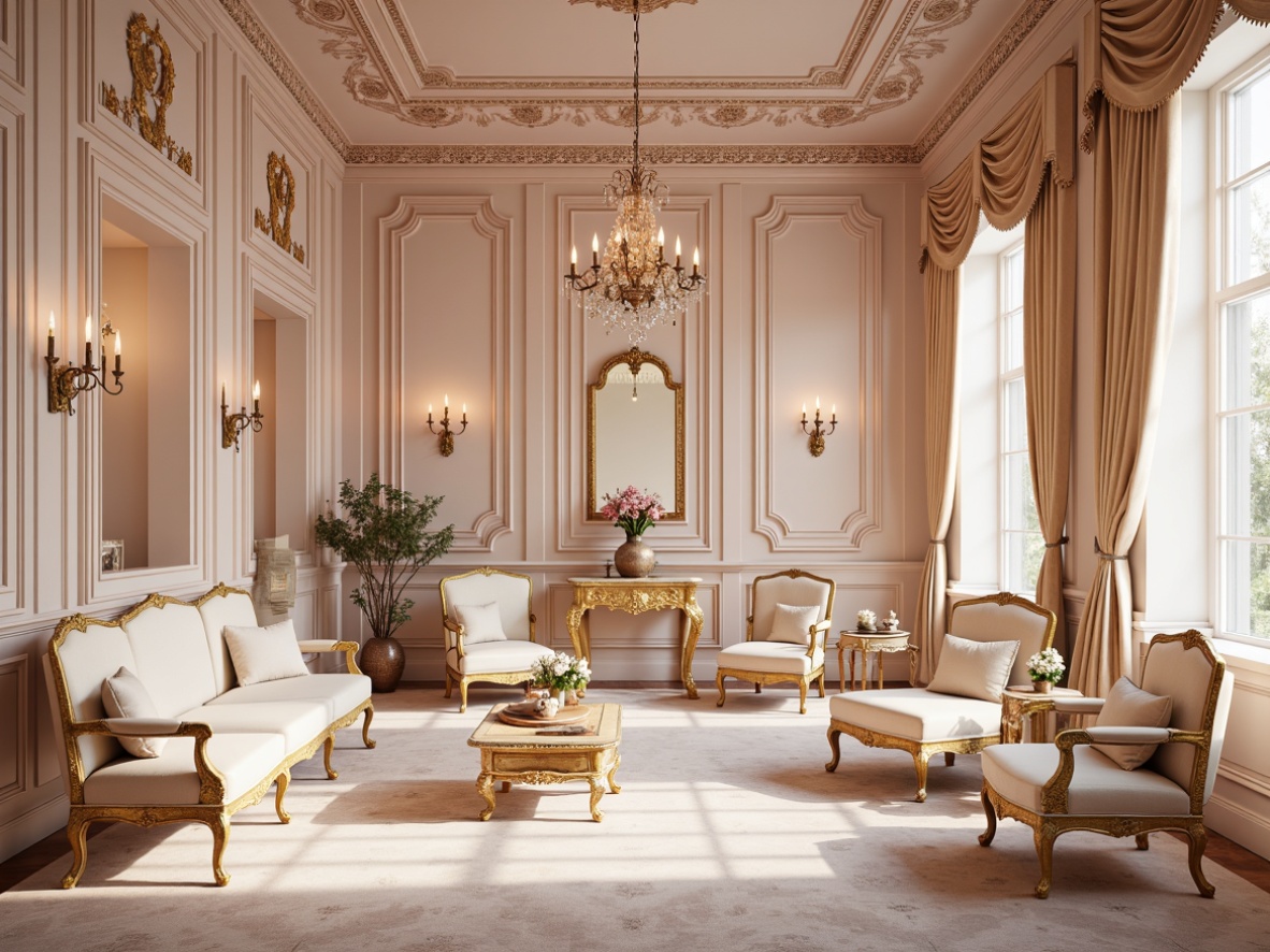 Prompt: Soft, ornate Rococo interior, pastel hues, pale pink walls, gold accents, cream-colored furniture, intricate carvings, lavish textiles, velvet drapes, crystal chandeliers, delicate floral patterns, gentle curves, subtle gradations, warm candlelight, soft focus, 1/2 composition, shallow depth of field, romantic ambiance.