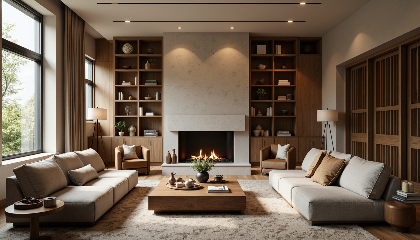 Prompt: Elegant living room, plush sofas, wooden coffee tables, floor lamps, large windows, natural light, calming atmosphere, soft carpeting, comfortable seating areas, functional storage units, minimalist decor, modern architecture, 3/4 composition, shallow depth of field, warm color scheme, cozy ambiance, relaxing vibes, inviting fireplace, crackling flames, soft background music.