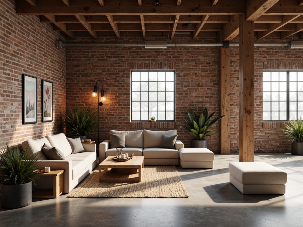 Prompt: Rustic warehouse, exposed brick walls, wooden beams, industrial metal frames, minimalist decor, Nordic-inspired furniture, natural wood accents, light-colored woods, woven textiles, jute rugs, concrete floors, Edison bulbs, soft warm lighting, atmospheric shadows, 1/1 composition, realistic render, ambient occlusion.