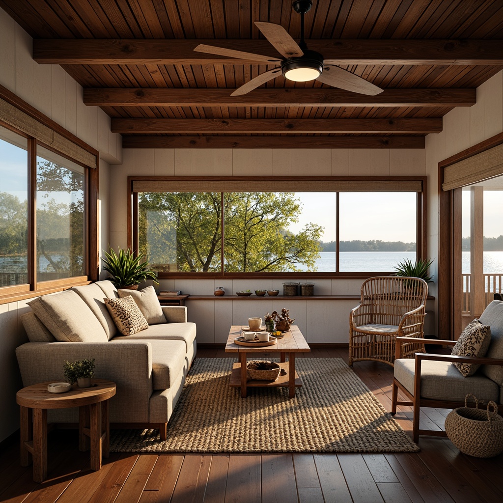 Prompt: Cozy boathouse interior, nautical theme, wooden accents, rustic charm, plush sofas, woven wicker armchairs, natural fiber rugs, distressed wood coffee tables, vintage fishing nets, coral-inspired decorative accents, soft warm lighting, shallow depth of field, 1/1 composition, intimate atmosphere, lakehouse views, surrounding foliage, water reflections, tranquil ambiance.