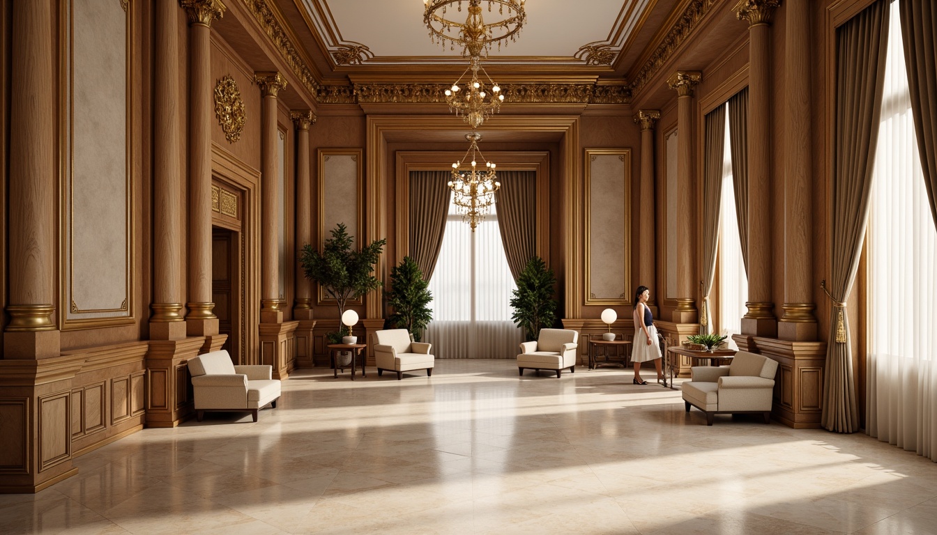 Prompt: Rich wood paneling, ornate moldings, gilded accents, cream-colored marble floors, soft golden lighting, velvety drapes, classic columns, grand chandeliers, subtle color palette, intricate carvings, luxurious fabrics, tufted upholstery, polished bronze hardware, refined architectural details, symmetrical composition, elegant proportions, sophisticated ambiance, warm beige tones, creamy whites, gentle shadows, 1/2 composition, shallow depth of field, realistic textures.