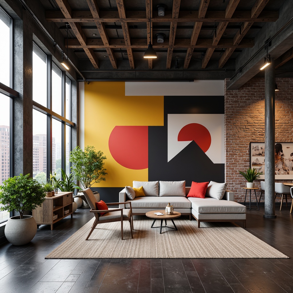 Prompt: Monochromatic color scheme, primary colors, bold geometric shapes, industrial materials, exposed brick walls, steel beams, wooden accents, minimalist decor, functional furniture, clean lines, rectangular forms, urban loft atmosphere, natural light, soft shadows, low-key ambient lighting, 1/1 composition, realistic textures, subtle grain.