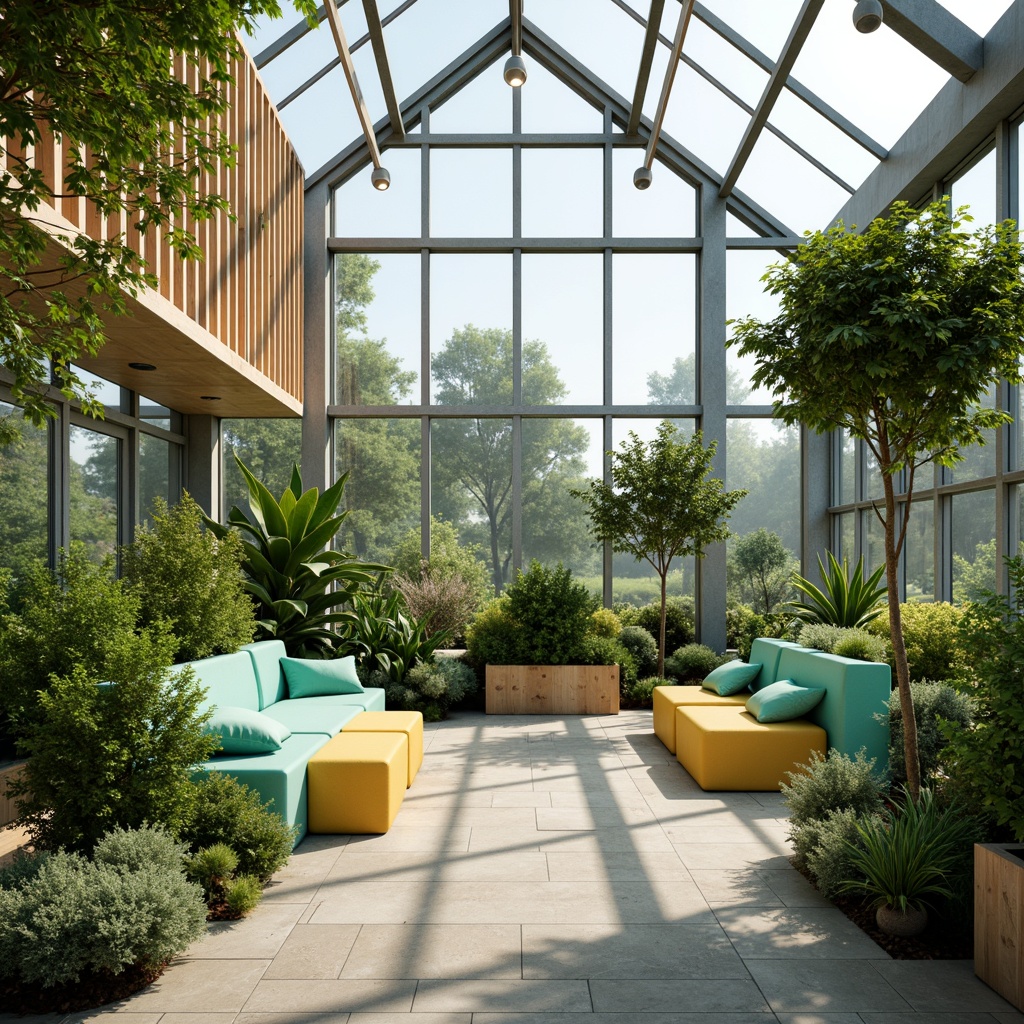 Prompt: Minimalist greenhouse interior, lush greenery, natural wood accents, industrial metal frames, sleek glass walls, modern lighting fixtures, vibrant pops of color, turquoise planters, sunny yellow benches, soft mint green walls, crisp white trim, rustic stone floors, abundant natural light, airy atmosphere, 1/1 composition, realistic textures, subtle shadows, warm soft focus.