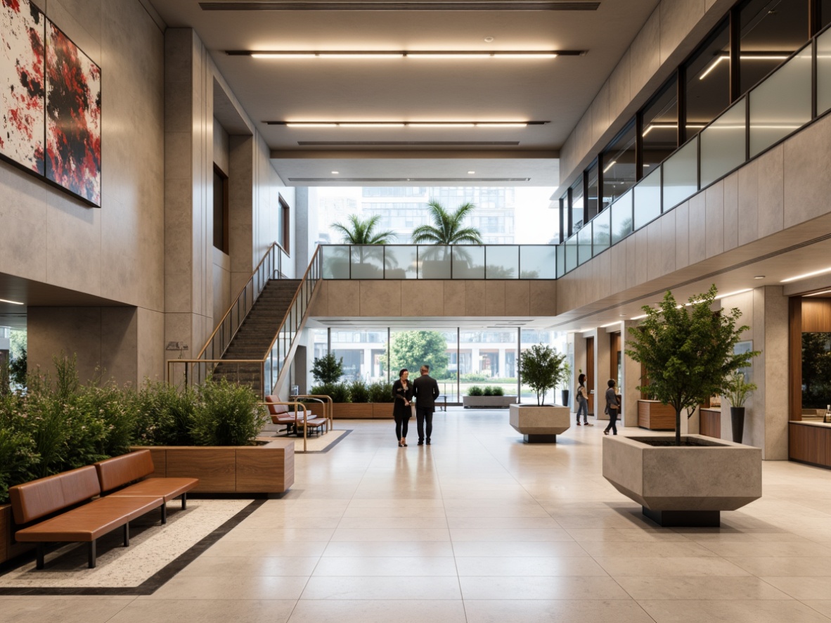 Prompt: Modern courthouse interior, sleek lines, minimalist aesthetic, polished marble floors, wooden accents, leather-upholstered benches, stainless steel handrails, frosted glass partitions, contemporary lighting fixtures, geometric-shaped planters, lush greenery, abstract artwork, neutral color palette, open spaces, natural stone walls, warm ambient lighting, shallow depth of field, 3/4 composition, realistic textures.