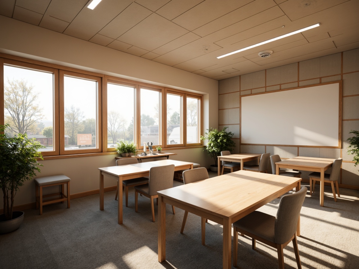 Prompt: Cozy classroom, wooden desks, ergonomic chairs, soft carpet flooring, sound-absorbing acoustic panels, minimalist decor, warm natural lighting, large windows, calm atmosphere, focused learning environment, optimized reverberation time, clear speech intelligibility, reduced echo, effective sound masking, audio-visual equipment integration, interactive whiteboards, collaborative learning spaces, comfortable student seating, teacher's podium, subtle color scheme, harmonious interior design, 1/1 composition, softbox lighting, realistic textures.