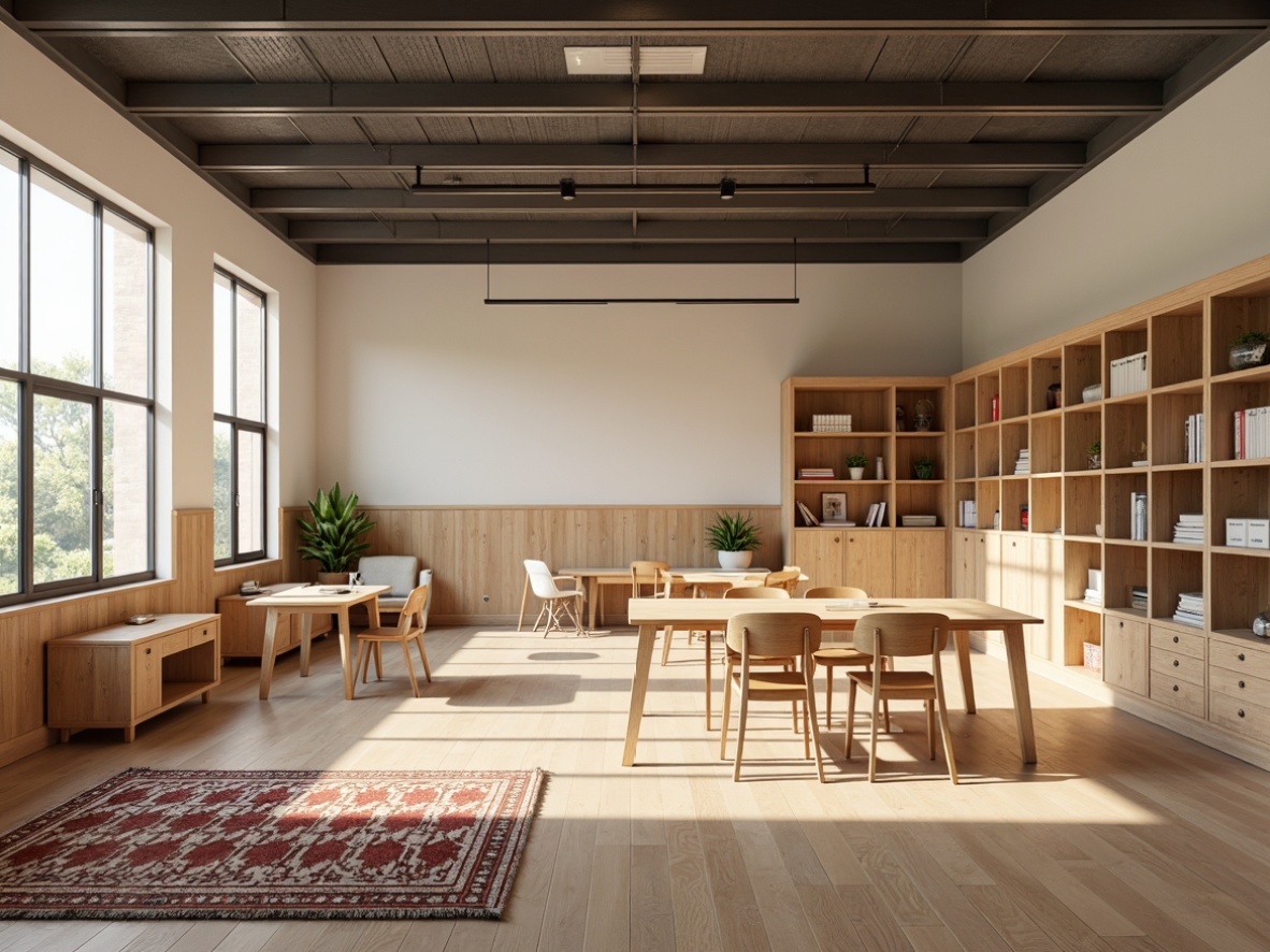 Prompt: Minimalist classroom, Nordic-inspired wooden desks, ergonomic chairs, natural oak flooring, abundant daylight, high ceilings, industrial metal beams, geometric patterned rugs, sleek modular shelves, functional storage units, cozy reading nooks, warm beige walls, soft diffused lighting, shallow depth of field, 2/3 composition, realistic textures, ambient occlusion.