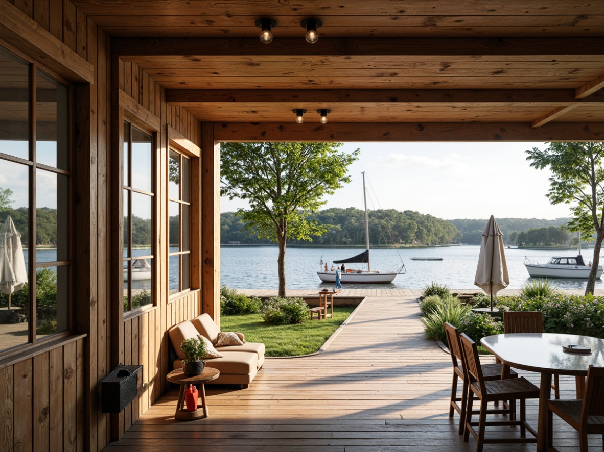 Prompt: Waterfront boathouse, open floor plan, modern rustic interior, reclaimed wood accents, nautical decor, large windows, sliding glass doors, natural light pouring in, lake or ocean views, outdoor seating area, wooden dock, sailboats, kayaks, paddles, life jackets, waterfront pathway, lush greenery, tranquil atmosphere, warm sunny day, soft diffused lighting, 1/1 composition, realistic textures, ambient occlusion.