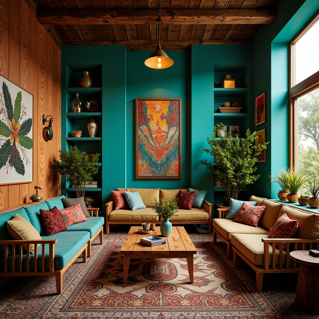 Prompt: Vibrant eclectic interior, rich jewel-toned walls, bold turquoise accents, warm golden lighting, distressed wooden furniture, plush velvet upholstery, eclectic art pieces, Moroccan-inspired tiles, abstract geometric patterns, vintage decor, industrial metal fixtures, natural textiles, bohemian chic atmosphere, warm earthy tones, soft focus photography, shallow depth of field, 1/1 composition, realistic textures, ambient occlusion.