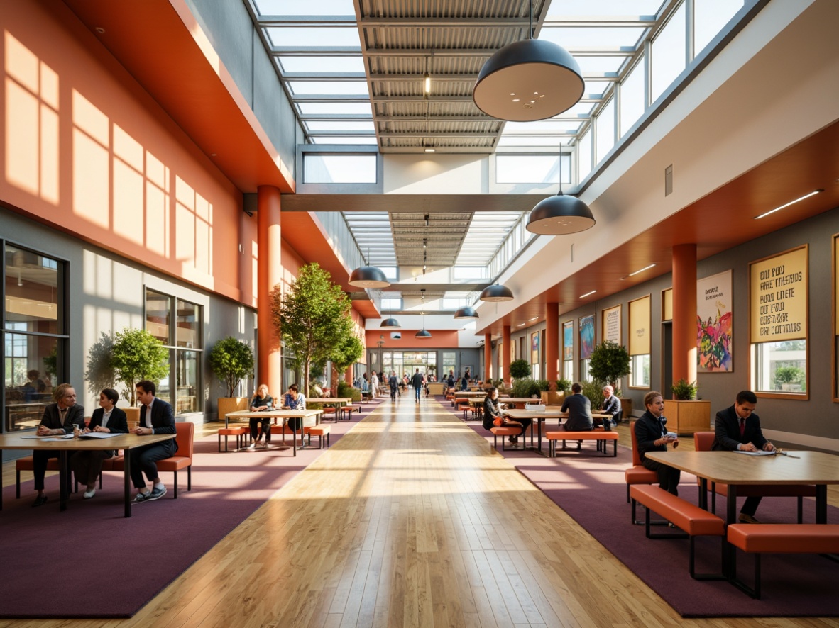 Prompt: Vibrant high school interior, modern educational environment, abundant natural light, clerestory windows, suspended LED panels, warm tone color scheme, polished wood flooring, collaborative learning spaces, flexible seating arrangements, inspirational quotes on walls, motivational posters, softbox lighting, task lamps, indirect ceiling illumination, 1/1 composition, realistic textures, ambient occlusion.