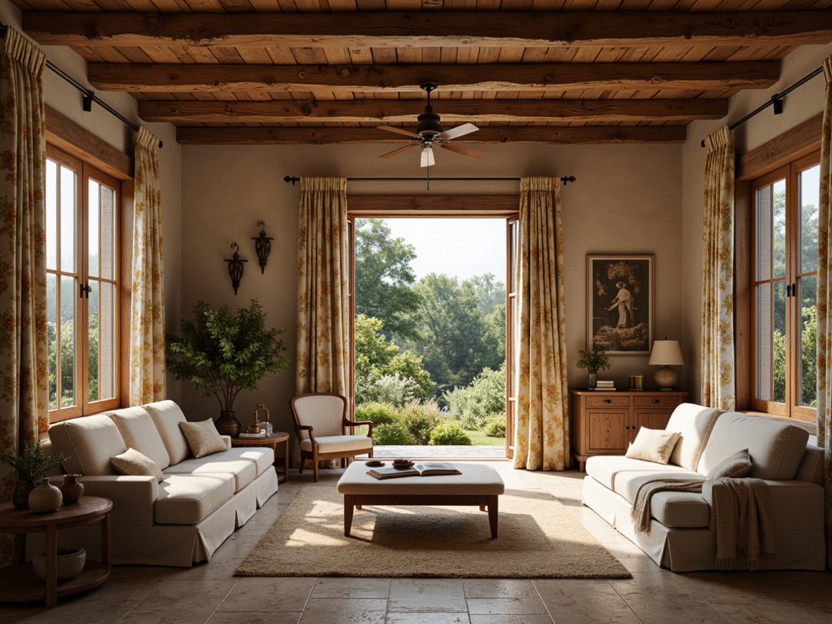 Prompt: Rustic French country villa, distressed wood accents, soft linen fabrics, natural jute rugs, vintage floral patterns, subtle toile de Jouy prints, earthy terracotta hues, warm beige tones, ornate gold embroidery, luxurious velvet drapes, lace trim details, antique furnishings, dim candlelight, cozy reading nooks, lush greenery surroundings, sunny afternoon, soft focus, 1/2 composition, realistic textures.