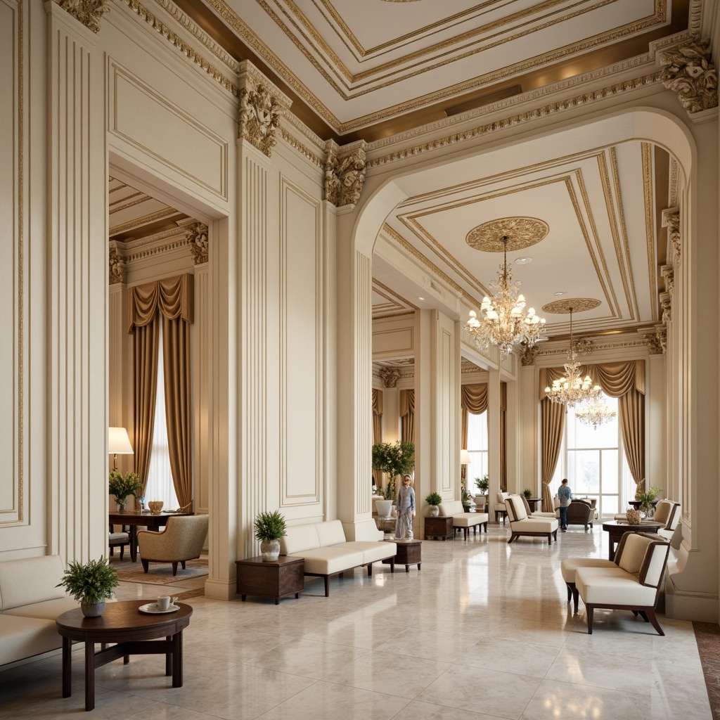 Prompt: Elegant neoclassical interior, ornate moldings, intricate carvings, cream-colored walls, polished marble floors, grand chandeliers, luxurious fabrics, tufted upholstery, refined furniture legs, ornamental ceiling medallions, subtle warm lighting, shallow depth of field, 1/1 composition, realistic textures, ambient occlusion.