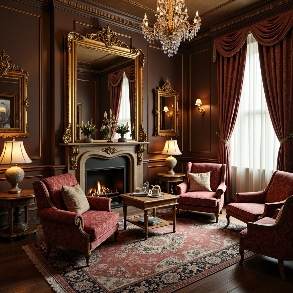 Prompt: Luxurious Rococo-style living room, ornate golden frames, velvet sofas, intricately carved wooden chairs, gilded mirrors, crystal chandeliers, richly patterned rugs, opulent drapery, soft warm lighting, intimate atmosphere, French neoclassical influence, curved lines, shell-shaped motifs, delicate floral patterns, antique finishes, lavish decorative accents, 3/4 composition, shallow depth of field, realistic textures, ambient occlusion.