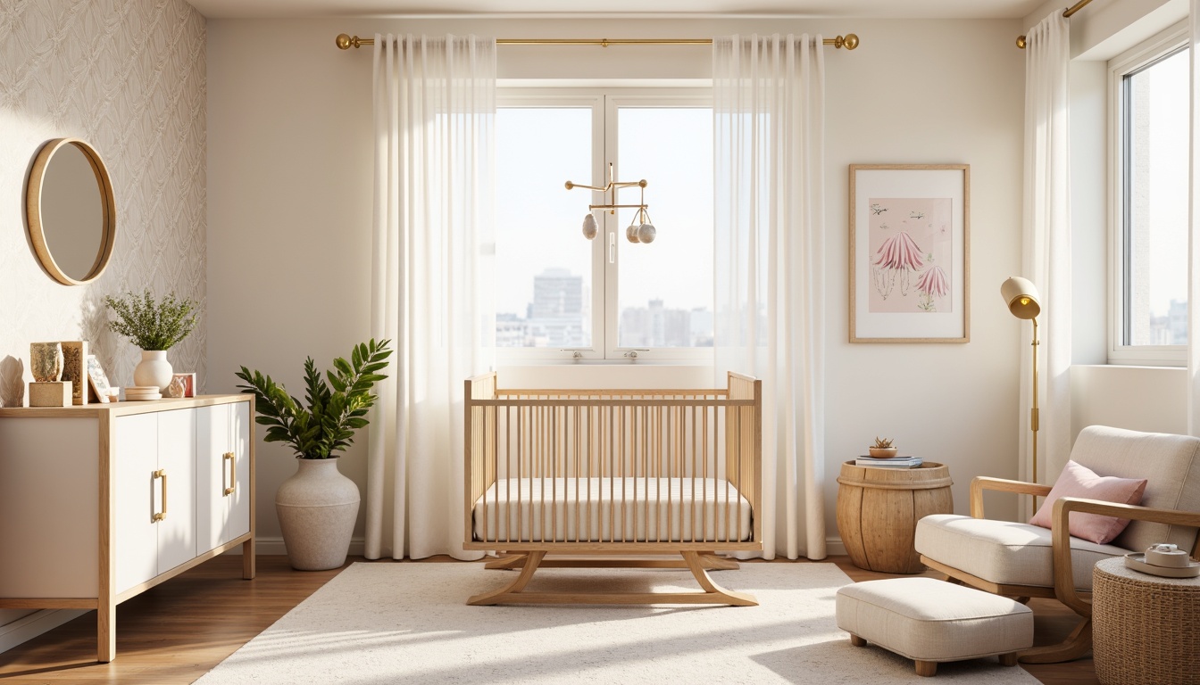 Prompt: Soft cream walls, plush area rug, gentle natural light, modern crib with curved legs, minimalist mobile above, delicate lace curtains, warm beige furniture, ornate gold hardware, subtle texture contrasts, pastel color palette, whimsical wall art, 3D geometric patterns, soft pink accents, creamy white drapes, cozy reading nook, comfortable glider chair, elegant floor lamp, airy atmosphere, shallow depth of field, 1/1 composition, realistic textures.