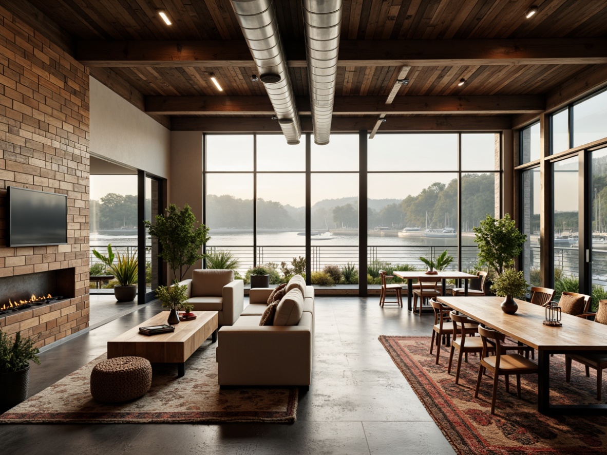 Prompt: Waterfront boathouse, open floor plan, modern rustic decor, reclaimed wood accents, nautical themed furniture, floor-to-ceiling windows, sliding glass doors, waterfront views, natural stone flooring, industrial metal beams, exposed ductwork, cozy reading nooks, plush area rugs, warm ambient lighting, shallow depth of field, 3/4 composition, panoramic view, realistic textures, soft warm glow, morning mist, serene lake atmosphere.