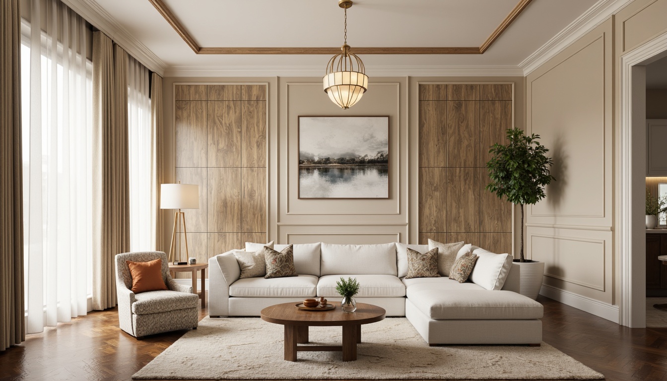 Prompt: Elegant living room, soft beige walls, textured wallpaper accents, wooden wainscoting, creamy white trim, modern abstract artwork, floor-to-ceiling windows, sheer curtains, comfortable sectional sofa, patterned throw pillows, natural fiber rugs, warm pendant lighting, 3/4 composition, shallow depth of field, realistic textures, ambient occlusion.