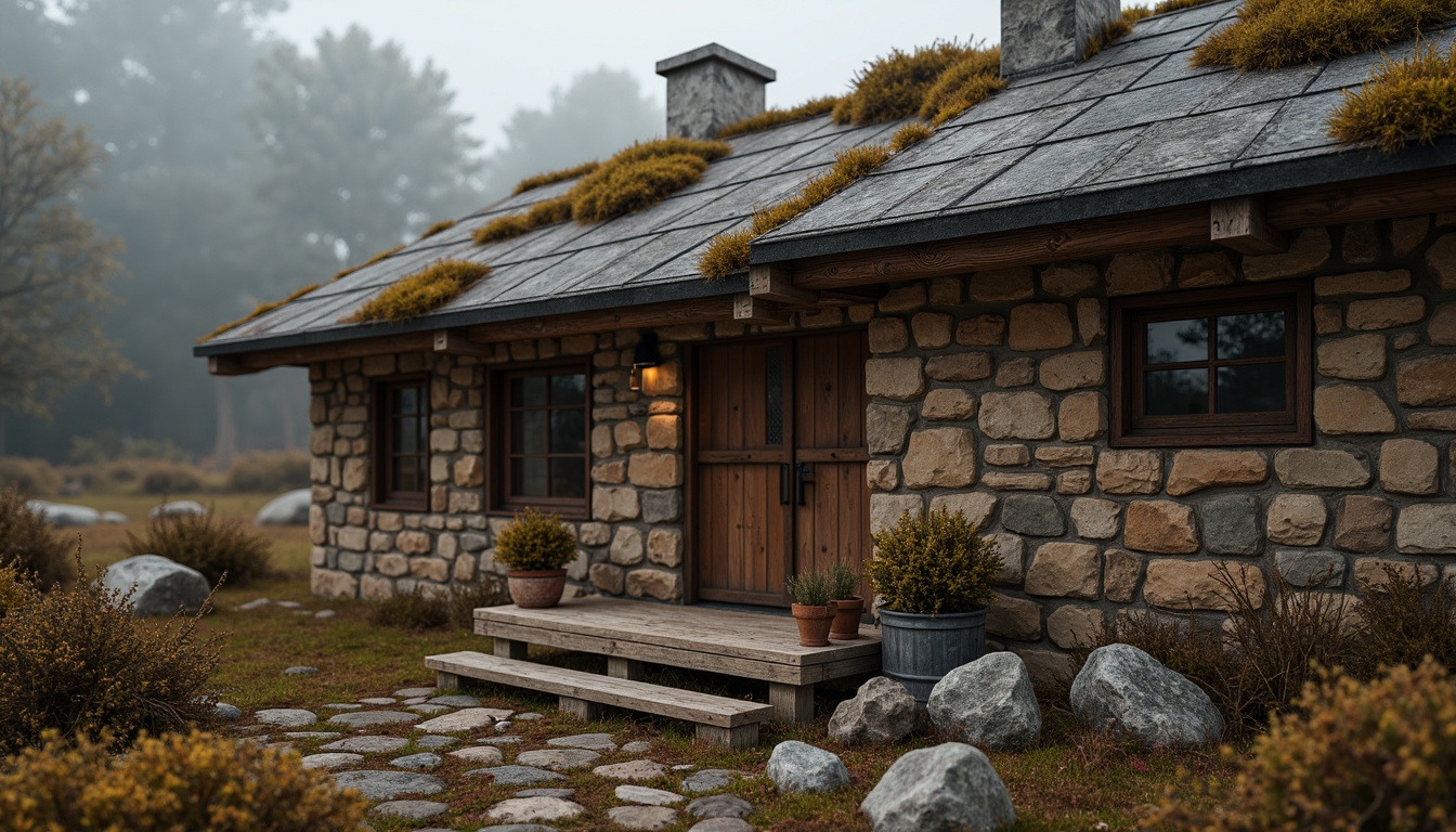 Prompt: Rustic wooden cabin, natural stone walls, earthy tones, moss-covered roofs, weathered metal accents, distressed wood textures, rugged landscape, misty atmosphere, soft warm lighting, shallow depth of field, 1/1 composition, intimate close-up view, realistic wood grain, ambient occlusion.