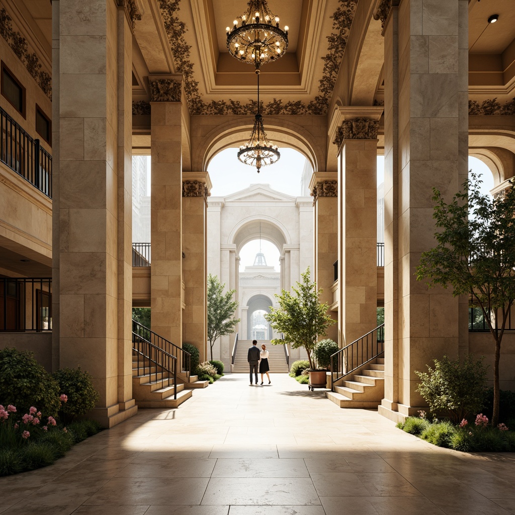 Prompt: Grand entrance with majestic columns, classical arches, ornate capitals, beige stone walls, polished marble floors, symmetrical facade, grand staircases, elegant chandeliers, ornate metal railings, lush greenery, blooming flowers, natural light pouring in, soft warm lighting, shallow depth of field, 3/4 composition, panoramic view, realistic textures, ambient occlusion.