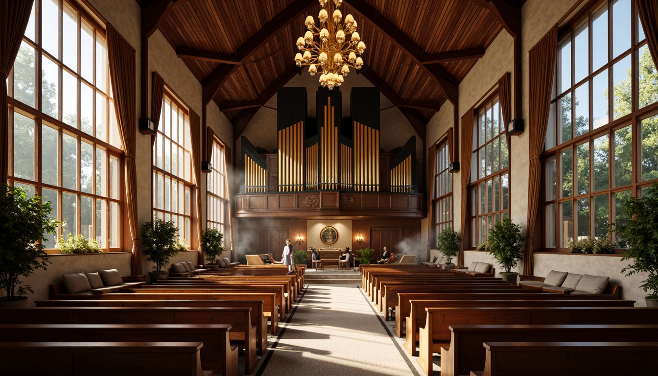 Prompt: Elegant chapel interior, wooden pews, stained glass windows, vaulted ceilings, grand pipe organ, luxurious velvet drapes, ornate golden chandeliers, refined minimalist decor, comfortable lounge seating, reclaimed wood accents, industrial metal beams, exposed brick walls, warm ambient lighting, soft diffused shadows, 1/1 composition, intimate close-up shots, realistic wooden textures, subtle atmospheric fog.