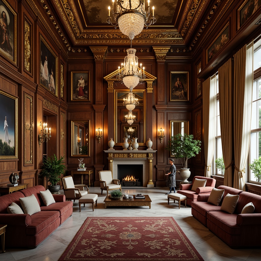 Prompt: Luxurious interior, ornate moldings, intricate carvings, gilded details, elegant furnishings, velvet upholstery, crystal chandeliers, marble floors, high ceilings, spacious rooms, lavish decorations, Baroque-inspired designs, rich wood tones, subtle lighting, warm color palette, 1/2 composition, shallow depth of field, soft focus, atmospheric rendering.