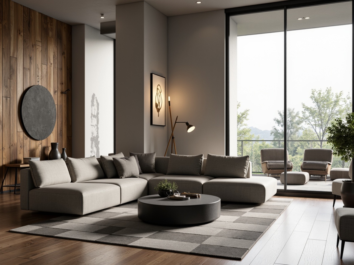 Prompt: Minimalist living room, sleek low-profile sofa, geometric-patterned rug, industrial-style coffee table, matte black metal legs, reclaimed wood accent wall, floor-to-ceiling windows, soft warm lighting, 1/1 composition, shallow depth of field, realistic textures, ambient occlusion, modern art pieces, abstract sculptures, monochromatic color scheme, Scandinavian-inspired decor, functional simplicity, clean lines, minimal ornamentation.