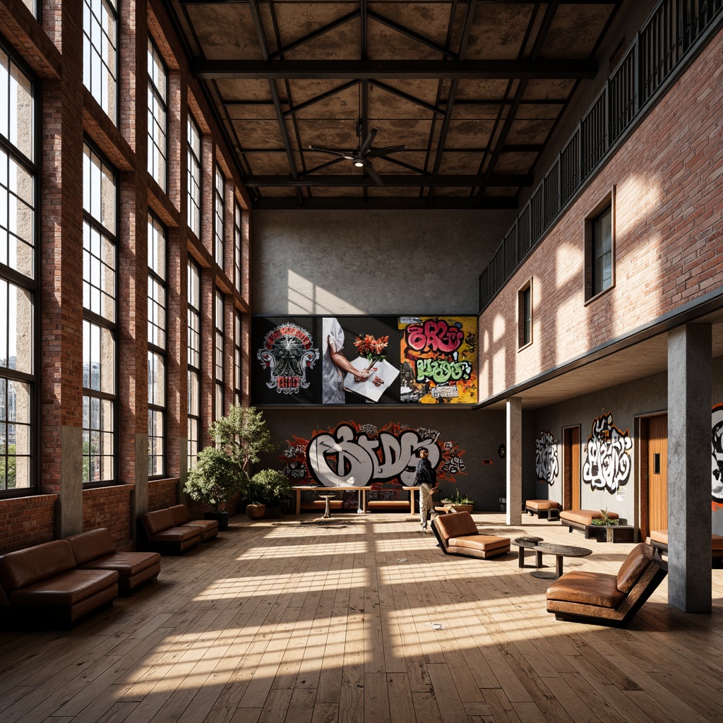 Prompt: Rustic gymnasium interior, exposed brick walls, distressed wooden flooring, industrial metal beams, vibrant graffiti murals, eclectic mix of textures, worn leather upholstery, metallic accents, abstract geometric patterns, bold color blocking, postmodernist architectural elements, unconventional material combinations, playful use of negative space, warm atmospheric lighting, high contrast ratios, dynamic shadows, 1/2 composition, intentional camera distortion.