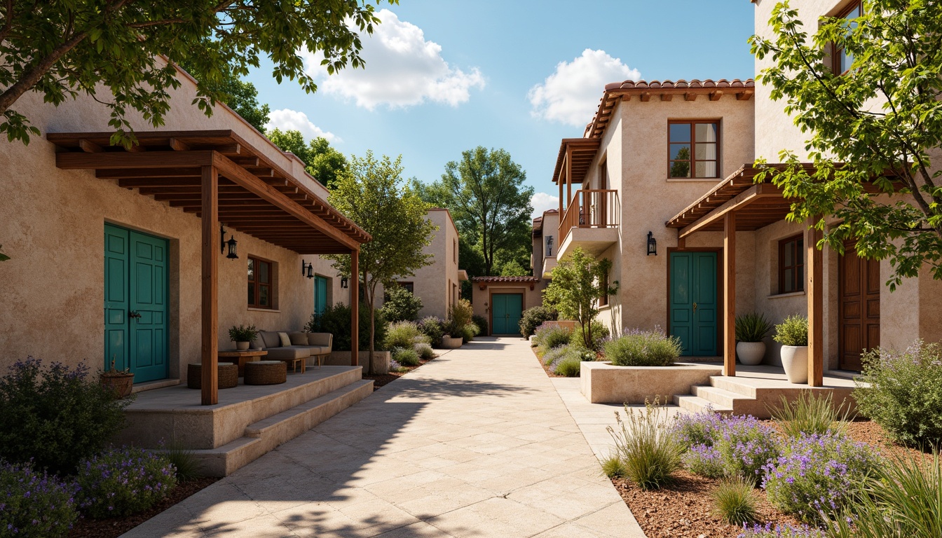 Prompt: Rustic village setting, earthy tones, vibrant turquoise accents, traditional vernacular architecture, wooden beams, clay roof tiles, natural stone walls, ornate wooden doors, colorful ceramic decorations, lush greenery, blooming flowers, warm sunny day, soft diffused lighting, 1/1 composition, intimate perspective, realistic textures, ambient occlusion.