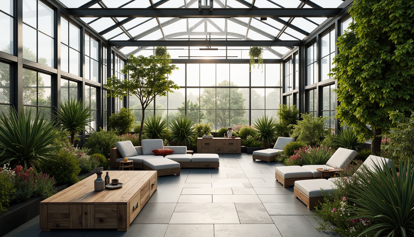 Prompt: Open concept greenhouse, minimalist architecture, transparent glass walls, lush greenery, natural ventilation, industrial chic decor, reclaimed wood accents, living walls, vertical gardens, modern furniture, sleek lines, monochromatic color scheme, abundant natural light, soft warm ambiance, shallow depth of field, 3/4 composition, panoramic view, realistic textures, ambient occlusion.