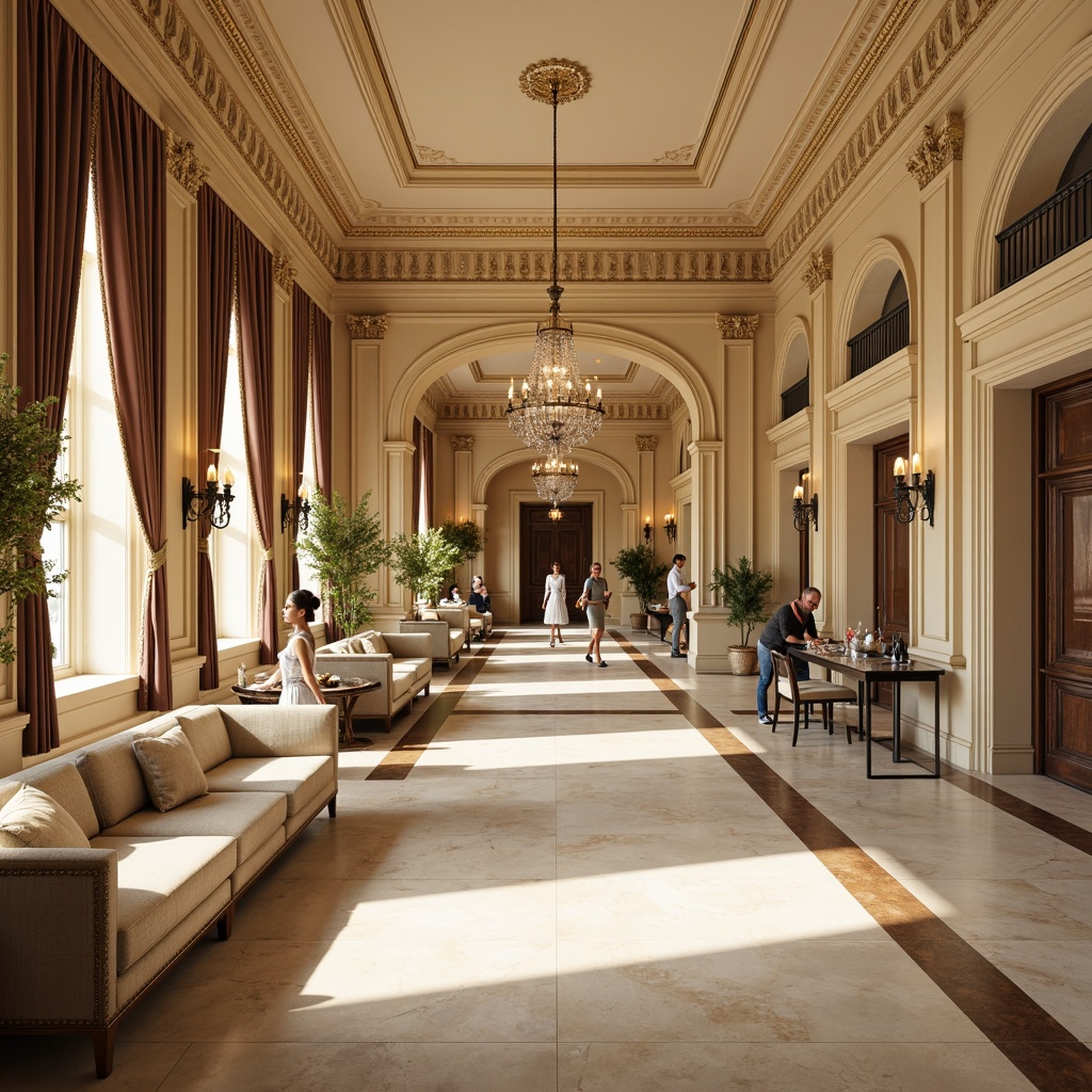 Prompt: Elegant neoclassical interior, rich wood tones, ornate moldings, intricate carvings, soft cream walls, warm beige floors, luxurious velvet fabrics, subtle gold accents, refined crystal chandeliers, sophisticated marble countertops, symmetrical compositions, classic proportions, natural light pouring in, high ceilings, majestic archways, serene ambiance, shallow depth of field, 1/2 composition, realistic textures, ambient occlusion.