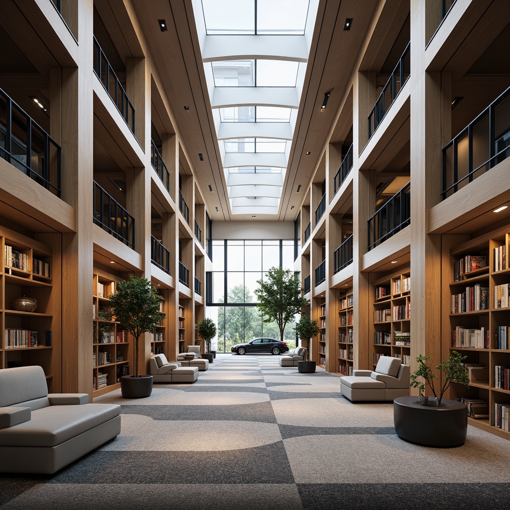 Prompt: Modern library interior, sleek shelving units, minimalist metal frames, wooden accents, neutral color palette, abundant natural light, floor-to-ceiling windows, comfortable reading nooks, plush carpeting, geometric patterns, warm atmospheric lighting, subtle textures, 1/1 composition, shallow depth of field, realistic reflections, ambient occlusion.