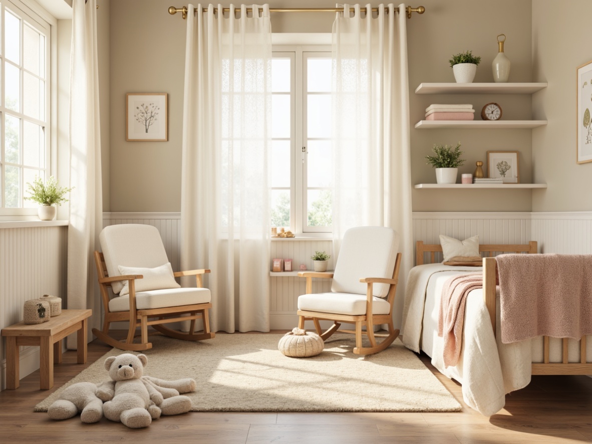 Prompt: Soft baby blankets, pastel colors, gentle textures, plush toys, comfortable gliders, soothing nursery ambiance, warm beige walls, creamy white furniture, delicate lace curtains, natural wood accents, calming color palette, serene atmosphere, cozy reading nooks, tranquil lighting, softbox lighting, 1/1 composition, intimate setting, realistic fabrics, ambient occlusion.