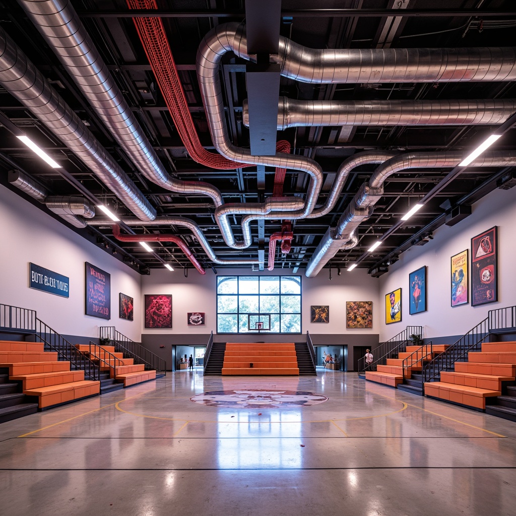 Prompt: Vibrant gymnasium interior, exposed ductwork, industrial pipes, polished concrete floors, neon-colored accents, eclectic postmodernist design, irregular shapes, asymmetrical layout, abstract art installations, suspended LED lighting, minimalist bleacher seating, dynamic staircases, open space planning, natural ventilation systems, abundant daylighting, modern fitness equipment, motivational quotes, bold typography, contrasting textures, 3/4 composition, shallow depth of field, realistic materials.