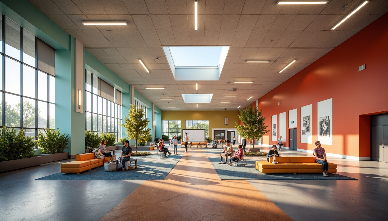 Prompt: Modern high school interior, vibrant color scheme, soft warm lighting, suspended ceiling fixtures, LED strip lights, floor lamps, natural light influx, large windows, clerestory windows, skylights, reflective surfaces, minimal shadows, layered lighting design, 3/4 composition, shallow depth of field, realistic textures, ambient occlusion, collaborative learning spaces, flexible seating arrangements, interactive whiteboards, technology-integrated classrooms.