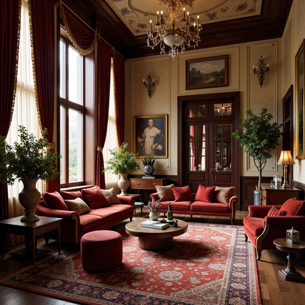 Prompt: Luxurious velvet fabrics, rich jewel-toned colors, intricately patterned damasks, ornate floral motifs, heavy drapery with golden tassels, plush pile rugs, warm beige walls, dark wood paneling, antique furniture pieces, ornamental mirrors, crystal chandeliers, soft candlelight, dramatic ceiling heights, opulent window treatments, lavish upholstery, intricate lace trim, vintage-inspired wallpapers, eclectic accessories, sophisticated ambiance, 1/2 composition, softbox lighting, realistic textures, atmospheric rendering.